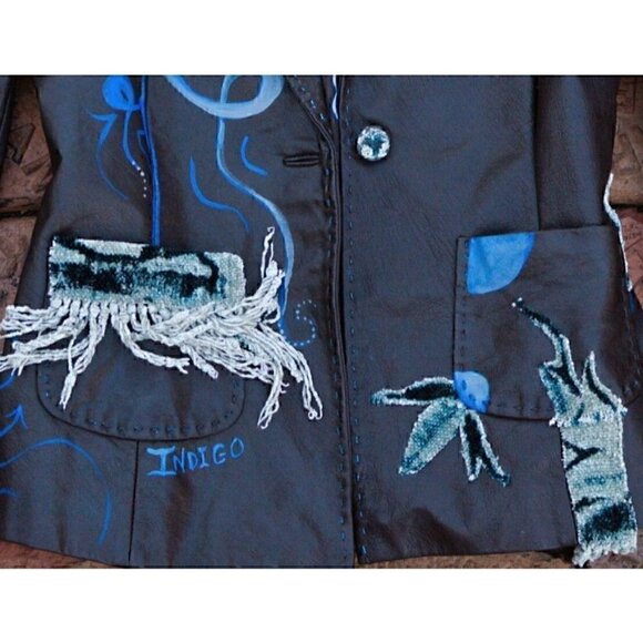 Vintage brown lambskin jacket; Hand painted, blue abstract unique hearts fringe - Picture 5 of 16